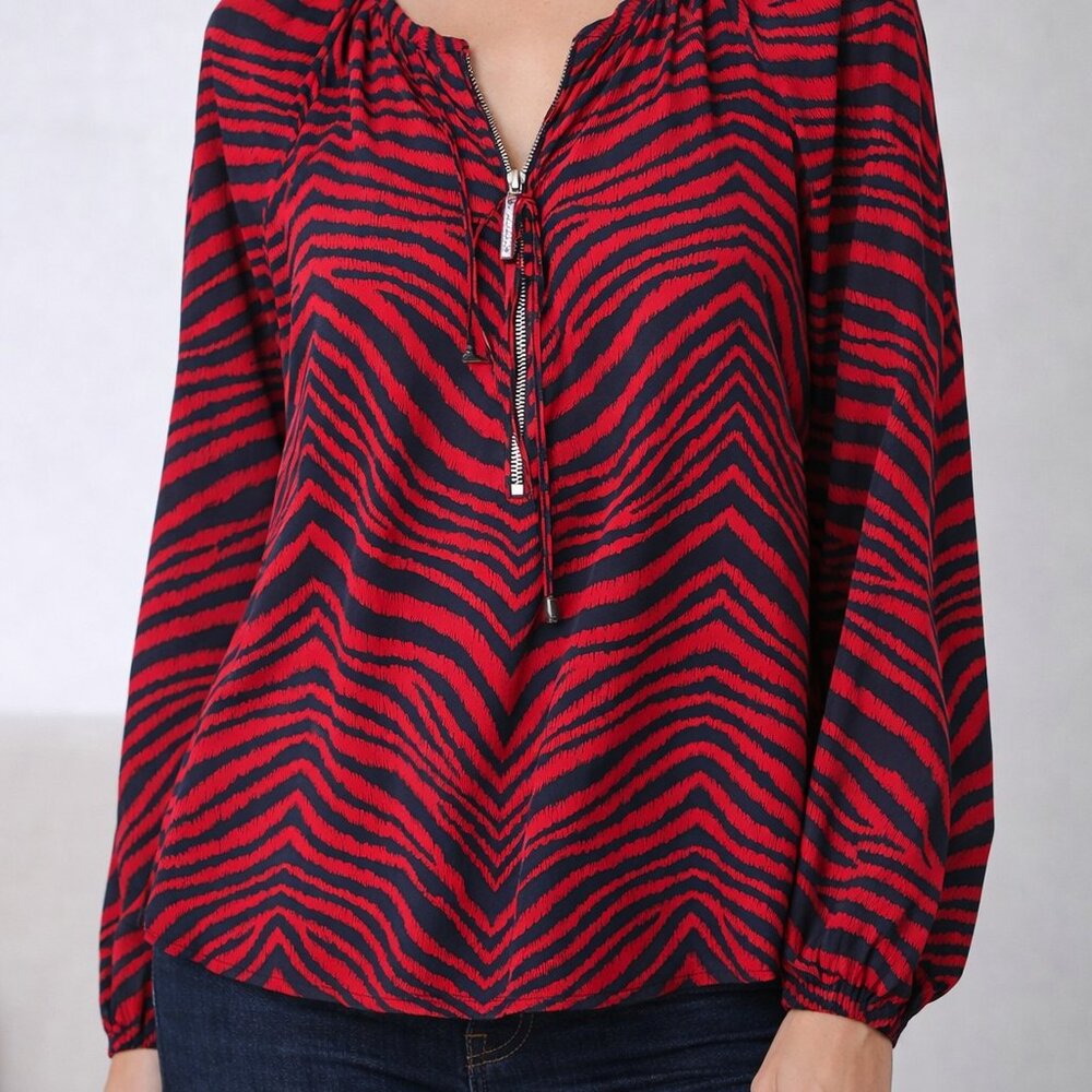 Michael Michael Kors Red &‎ Navy Zebra Print Zip-Front Blouse Size 14